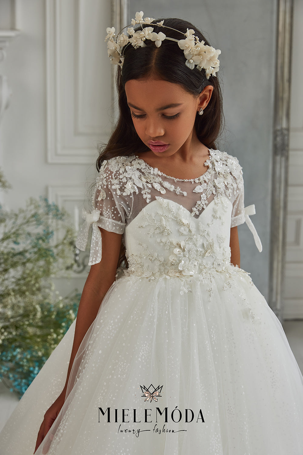 Alondra Luxury Flower Girl Communion Dress in Ivory