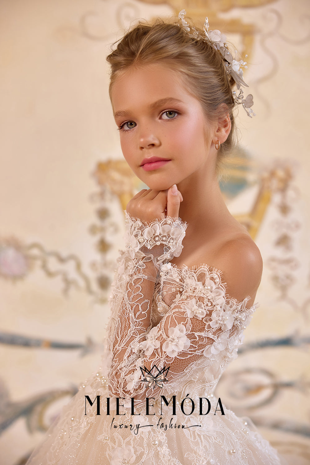 little princess communion dresses One-Shoulder Voluminous Sleeve Princess Flower Girl Communion Dress Celestial 3203 Pre-order 11-12 years / As in the photo Grey