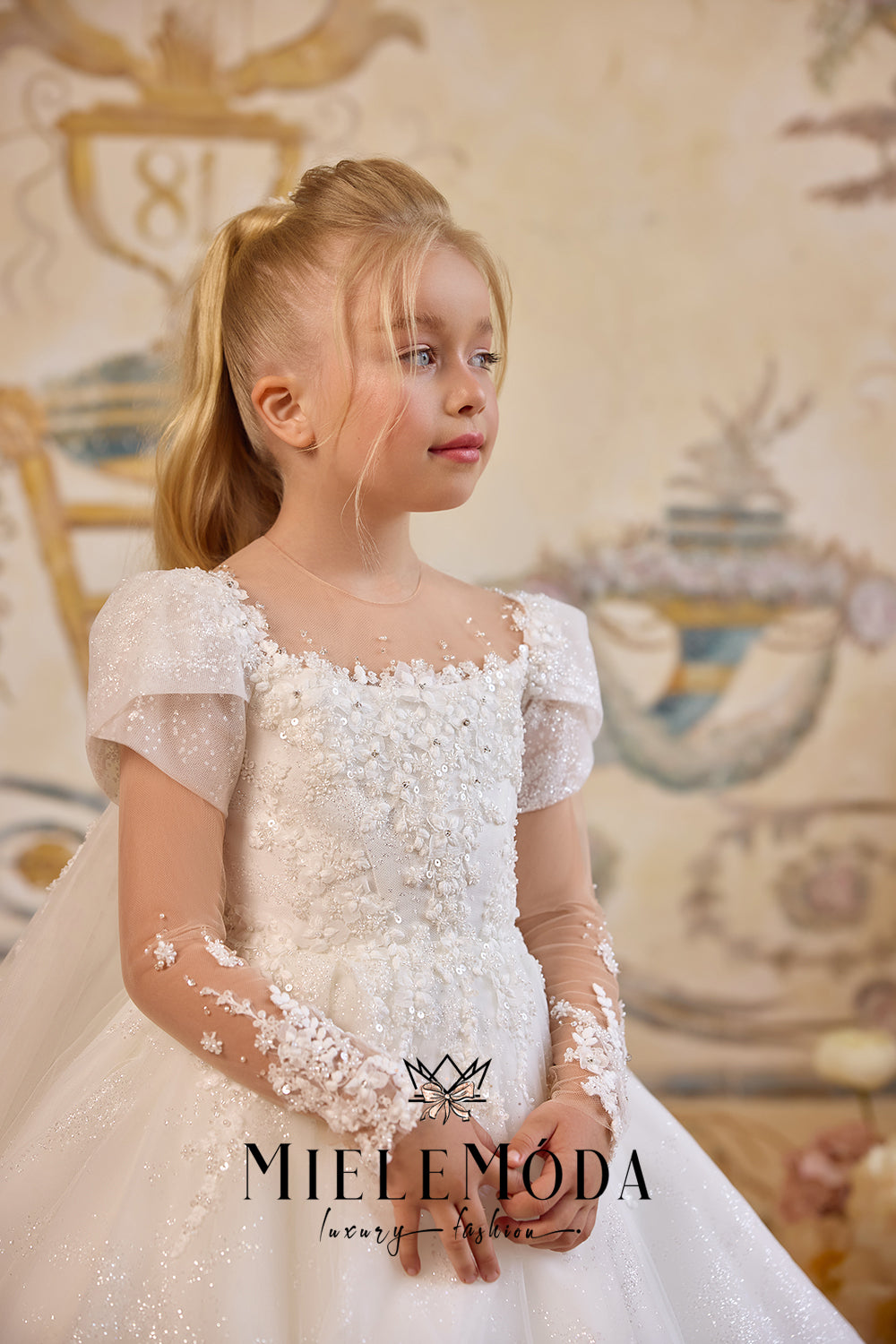 long sleeve first communion dress Douceur Royale Couture First Communion Dress