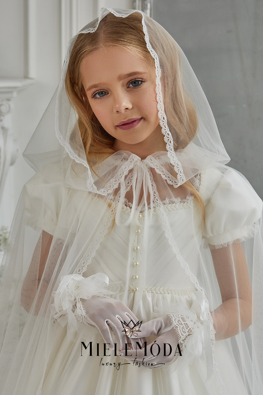 First Communion Luxury Tulle Lace Veil Cape - Miele Moda Luxury Fashion Ivory (as pictured) / Standard: Ships in 6-8 business weeks First Communion Luxury Tulle Lace Veil Cape - Miele Moda Luxury Fashion Ivory (as pictured) / Standard: Ships in 6-8 business weeks