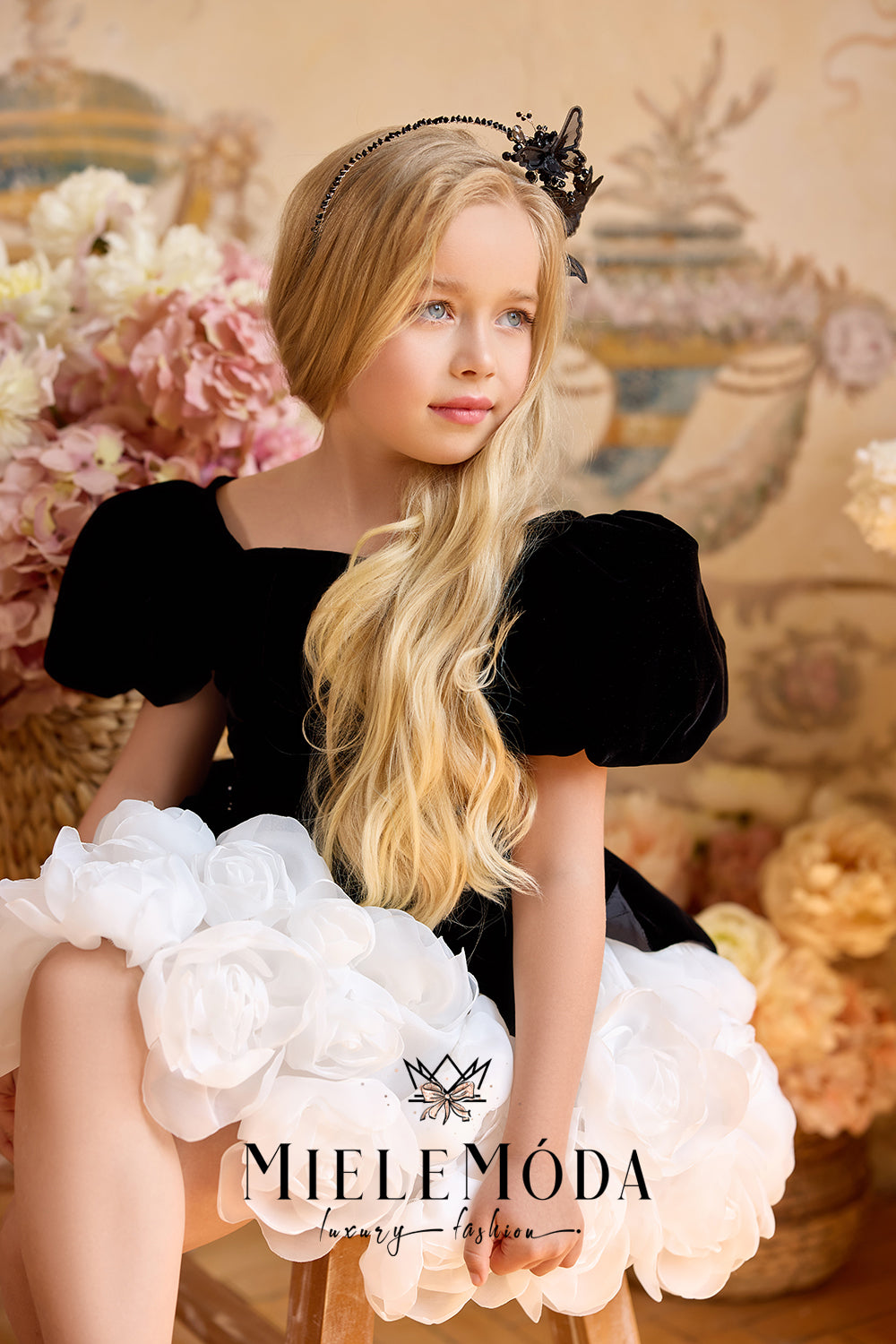 Lune de Miel Couture 3D Flowers Flower Girl Dress - Miele Moda 9/10Y (34) / Black+Ivory (as pictured) / Rush: Ships in 4-6 business weeks (+$175 Lune de Miel Couture 3D Flowers Flower Girl Dress - Miele Moda 9/10Y (34) / Black+Ivory (as pictured) / Rush: Ships in 4-6 business weeks (+$175