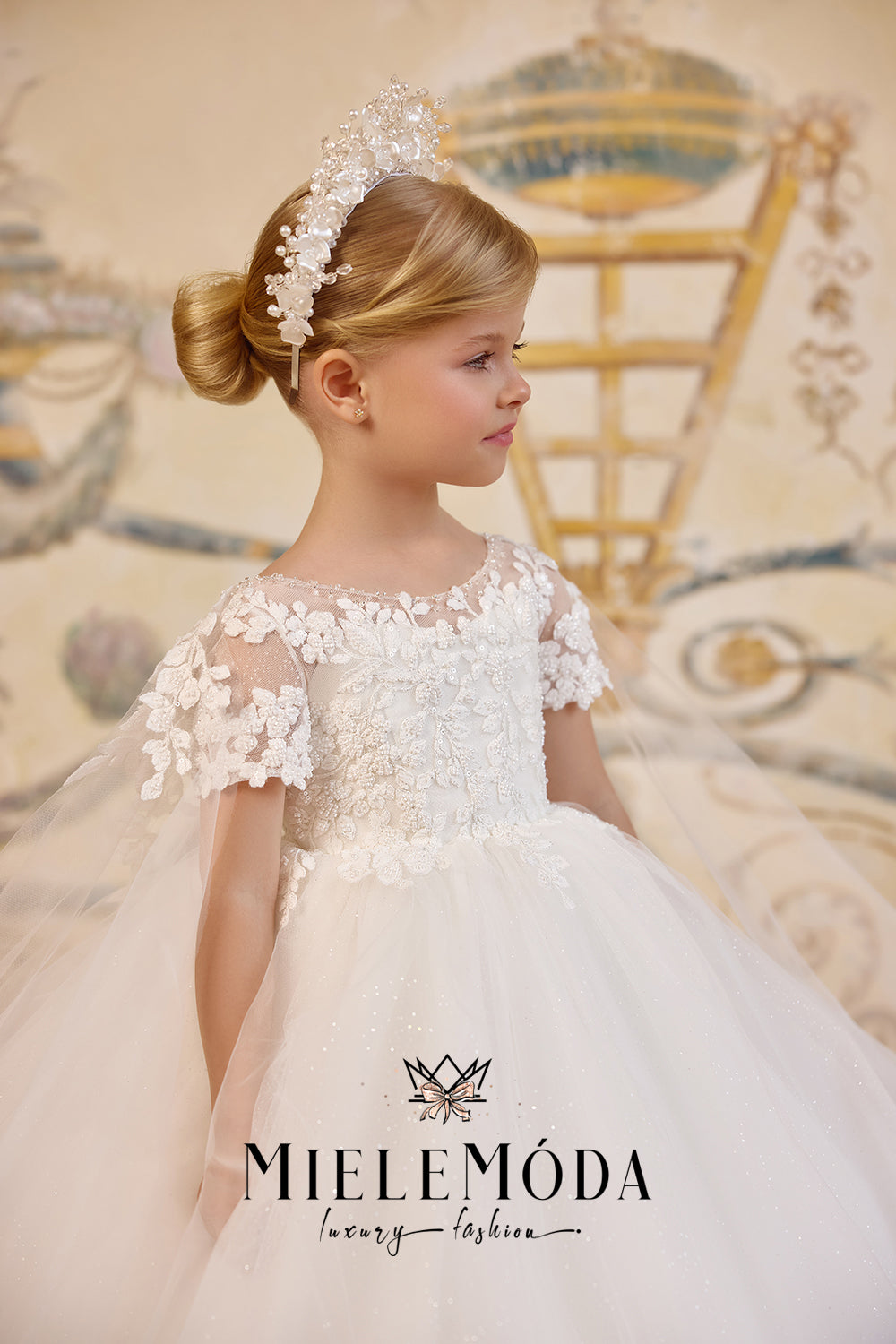 short sleeve communion dress Short Sleeves Flower Girl First Communion Dress Celestial 3512 11-12 years / Ivory