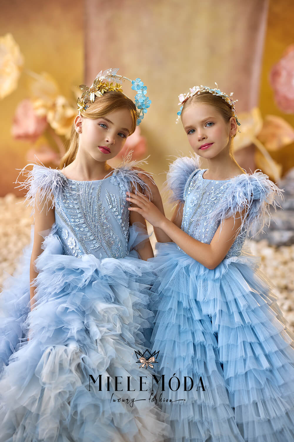 Sapphire Mist Couture Flower Girl Dress - Miele Moda Luxury Fashion Custom / Blue+Beige Ombr Ruffles Skirt (as pictured) / Standard: Ships in 6-8 Sapphire Mist Couture Flower Girl Dress - Miele Moda Luxury Fashion Custom / Blue+Beige Ombr Ruffles Skirt (as pictured) / Standard: Ships in 6-8