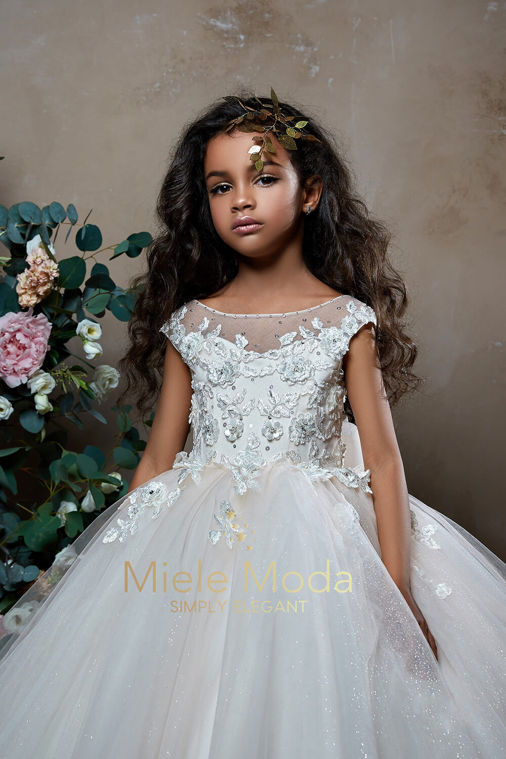 Pretty girl wearing Abigail Flower Girl Dress Pageant Dress-by Miele Moda Boutique