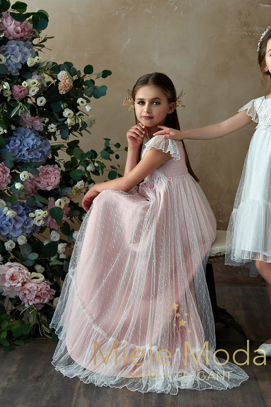 Pretty girl wearing Angel Kisses Flower Girl Dress-by Miele Moda Boutique