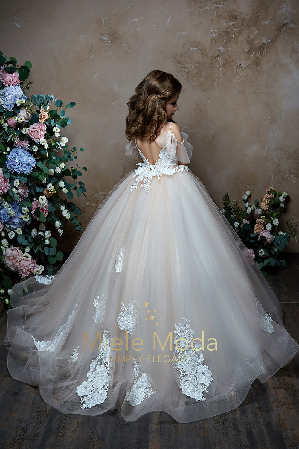 Pretty girl wearing Athena Flower Girl Dress Pageant Dress-by Miele Moda Boutique