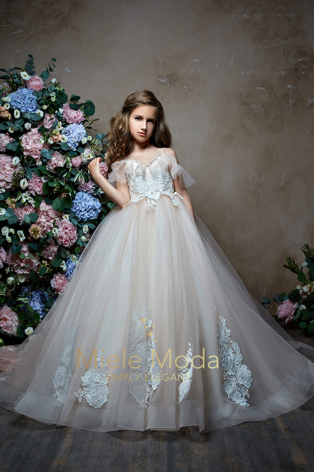 Pretty girl wearing Athena Flower Girl Dress Pageant Dress-by Miele Moda Boutique
