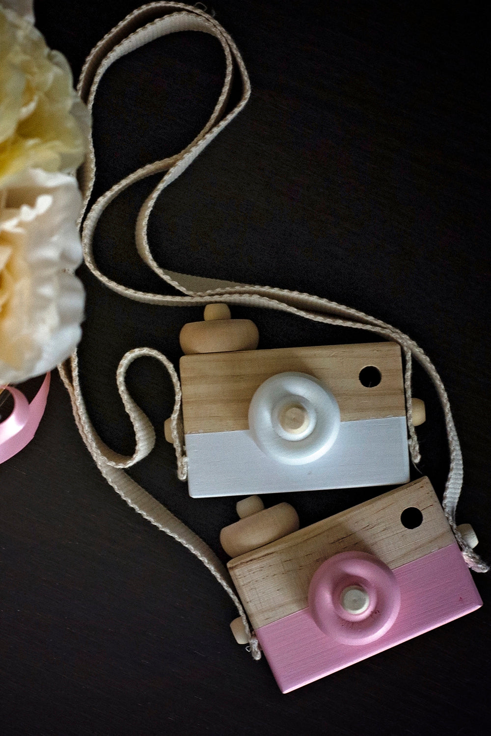 Pretty girl wearing Wooden Toy Camera For Toddlers Photo Prop-by Miele Moda Boutique