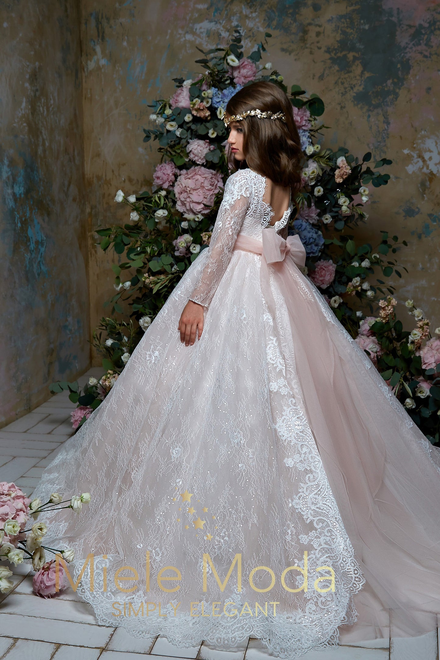 Pretty girl wearing Camila Flower Girl Dress Pageant Dress-by Miele Moda Boutique