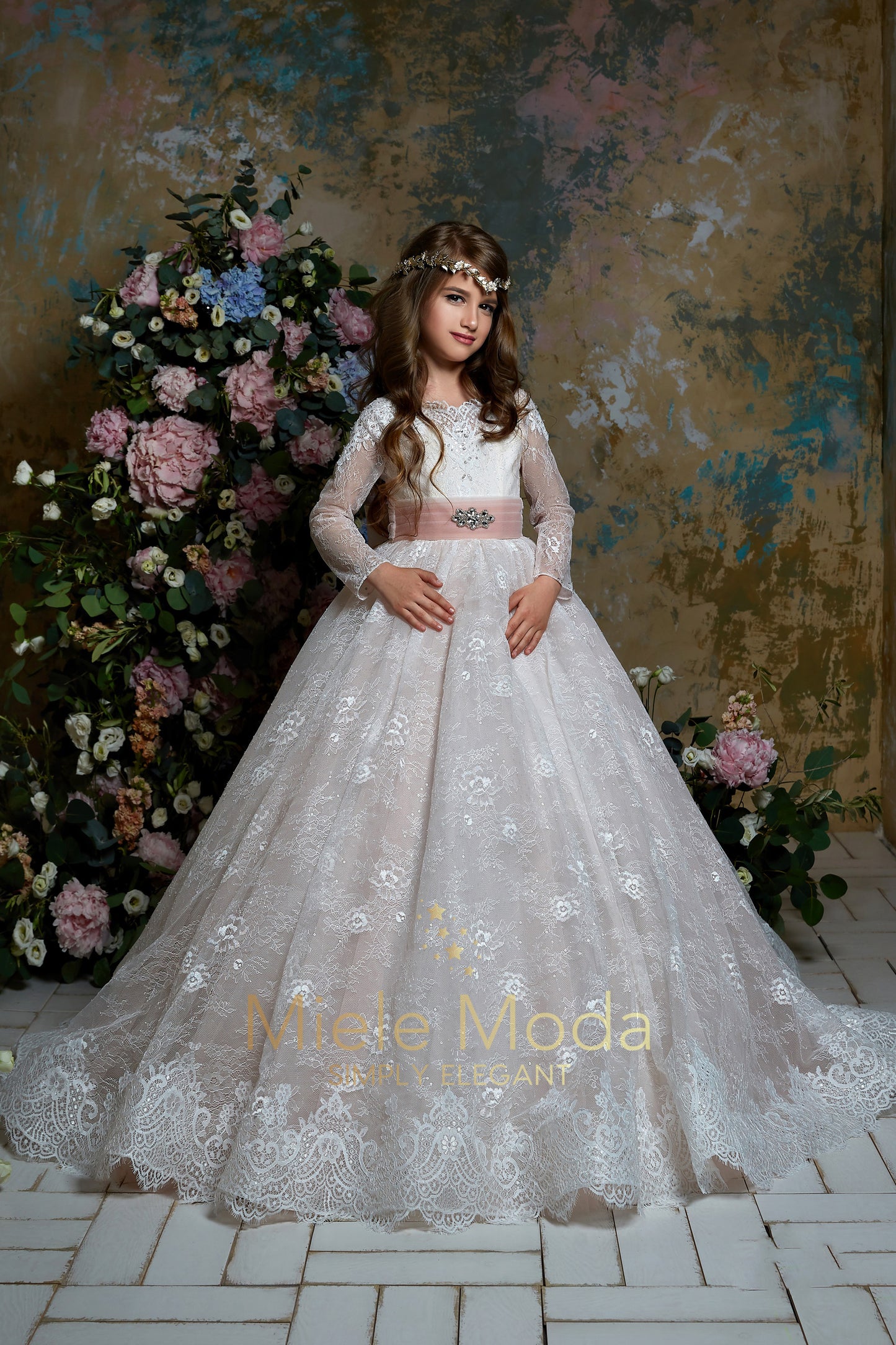 Pretty girl wearing Camila Flower Girl Dress Pageant Dress-by Miele Moda Boutique
