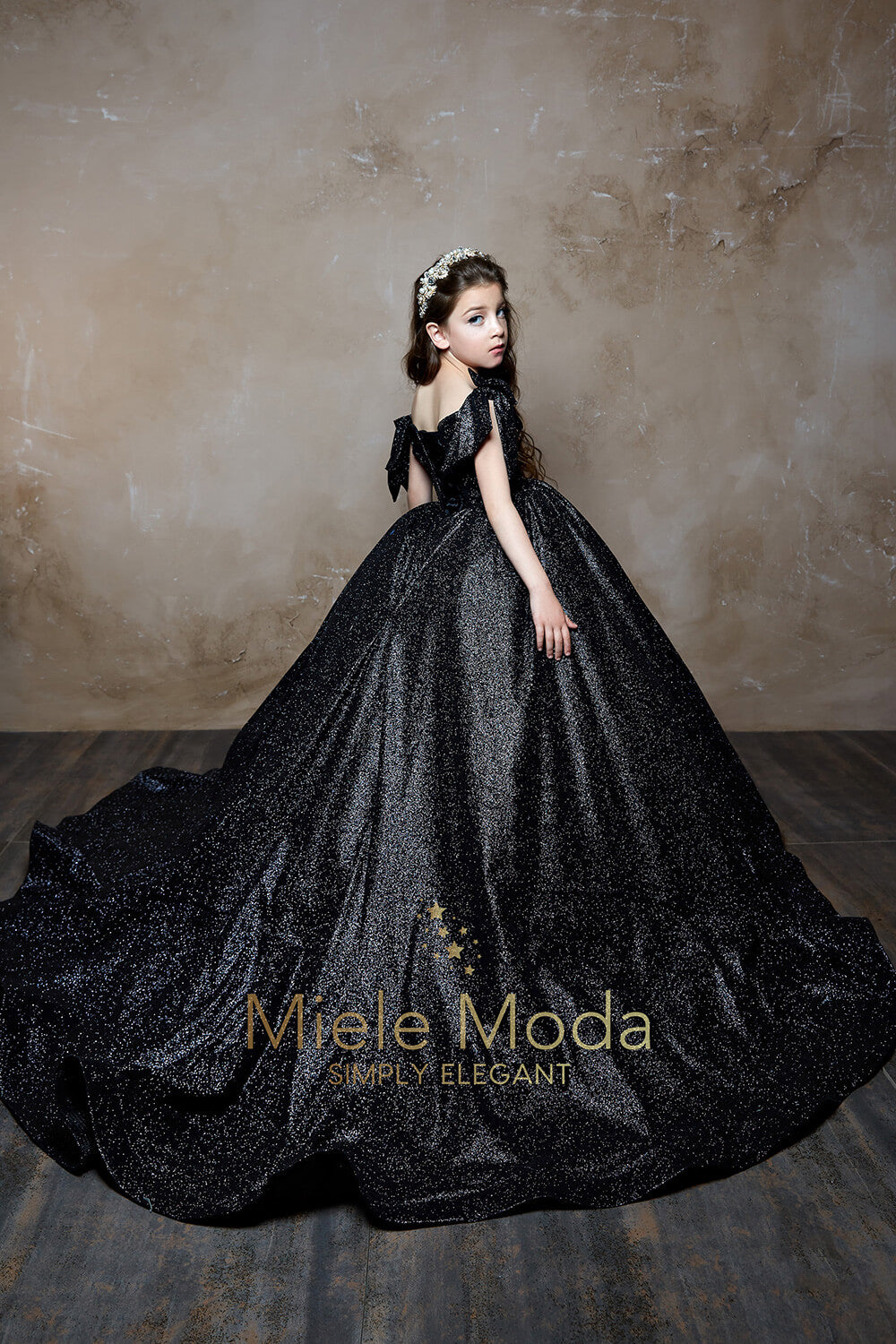 Pretty girl wearing Charlotte Flower Girl Couture Dress-by Miele Moda Boutique