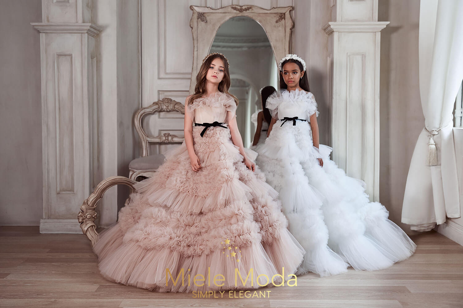 Chloe Flower Girl Couture Dresses White Pink Miele Moda Luxury Fashion