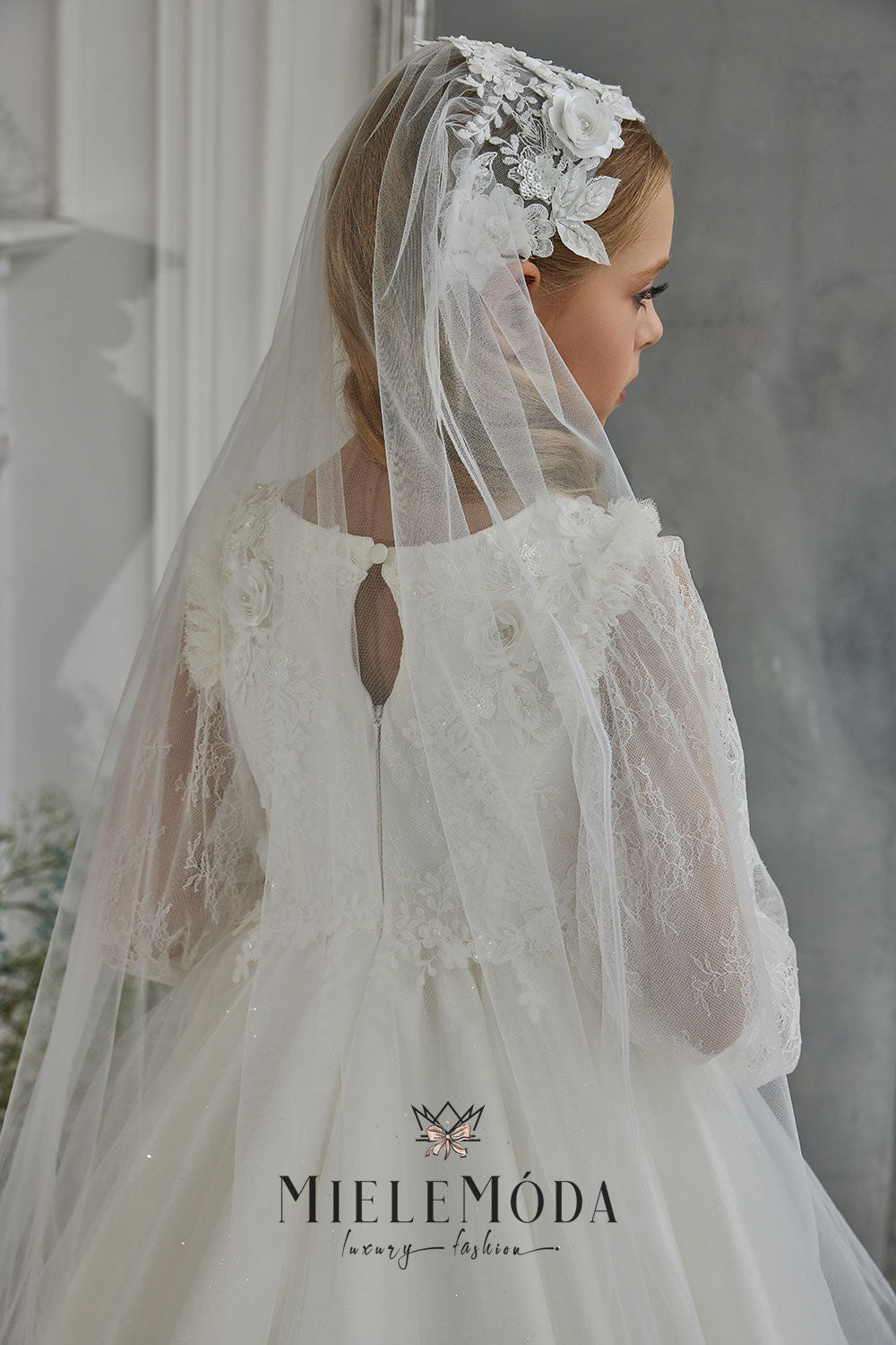 First Communion Luxury Lace Tulle Veil - Miele Moda Luxury Fashion Ivory (As Pictured) / Standard: Ships in 6-8 Business Weeks