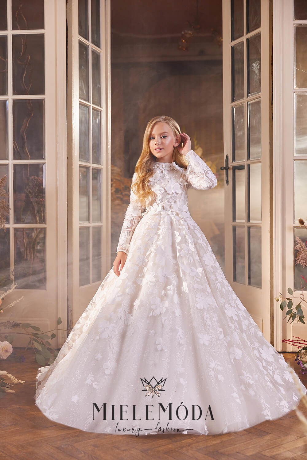 Daniela Luxury 3D Lace Flower Girl Dress - Miele Moda Luxury Fashion 7/8Y (32) / Ivory (As pictured) / Rush: ships in 4-6 Business Weeks (+$175 Daniela Luxury 3D Lace Flower Girl Dress - Miele Moda Luxury Fashion 7/8Y (32) / Ivory (As pictured) / Rush: ships in 4-6 Business Weeks (+$175