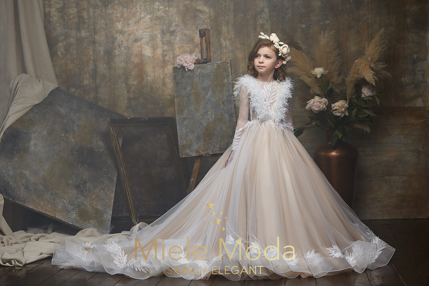 Pretty girl wearing Lady Diana Flower Girl Couture Dress-by Miele Moda Boutique