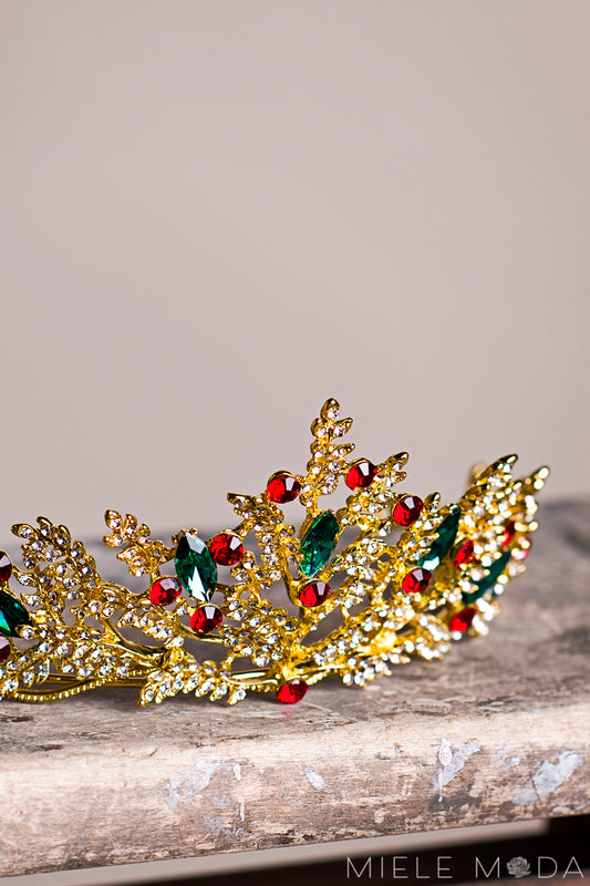 Pretty girl wearing Lola Christmas Red Green Holiday Gilded Tiara-by Miele Moda Boutique