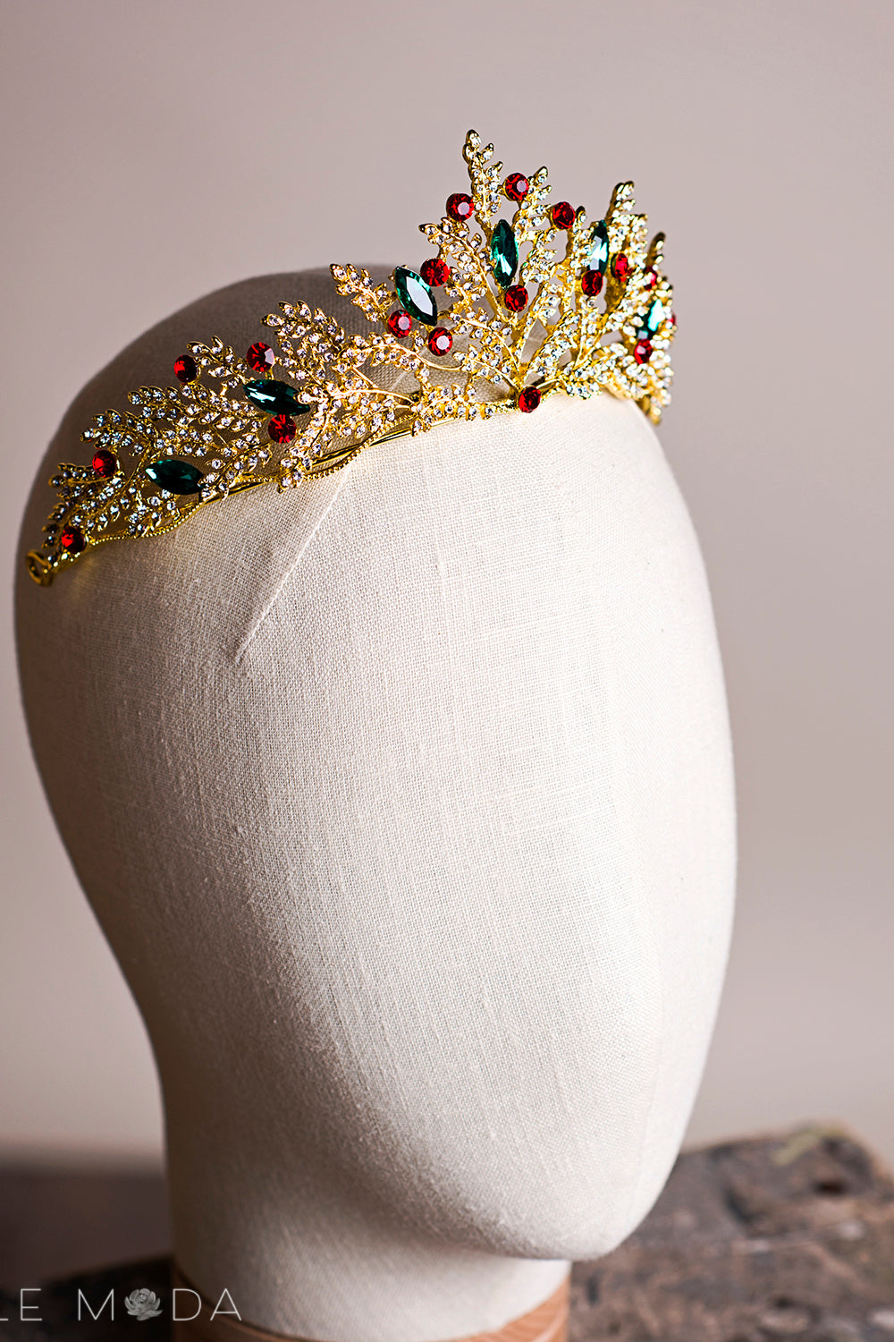 Pretty girl wearing Lola Christmas Red Green Holiday Gilded Tiara-by Miele Moda Boutique