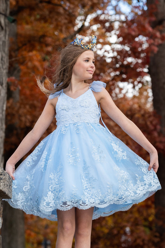 Pretty girl wearing Megan 3D Lace Sparkly Party Dress in Ice Blue-by Miele Moda Boutique