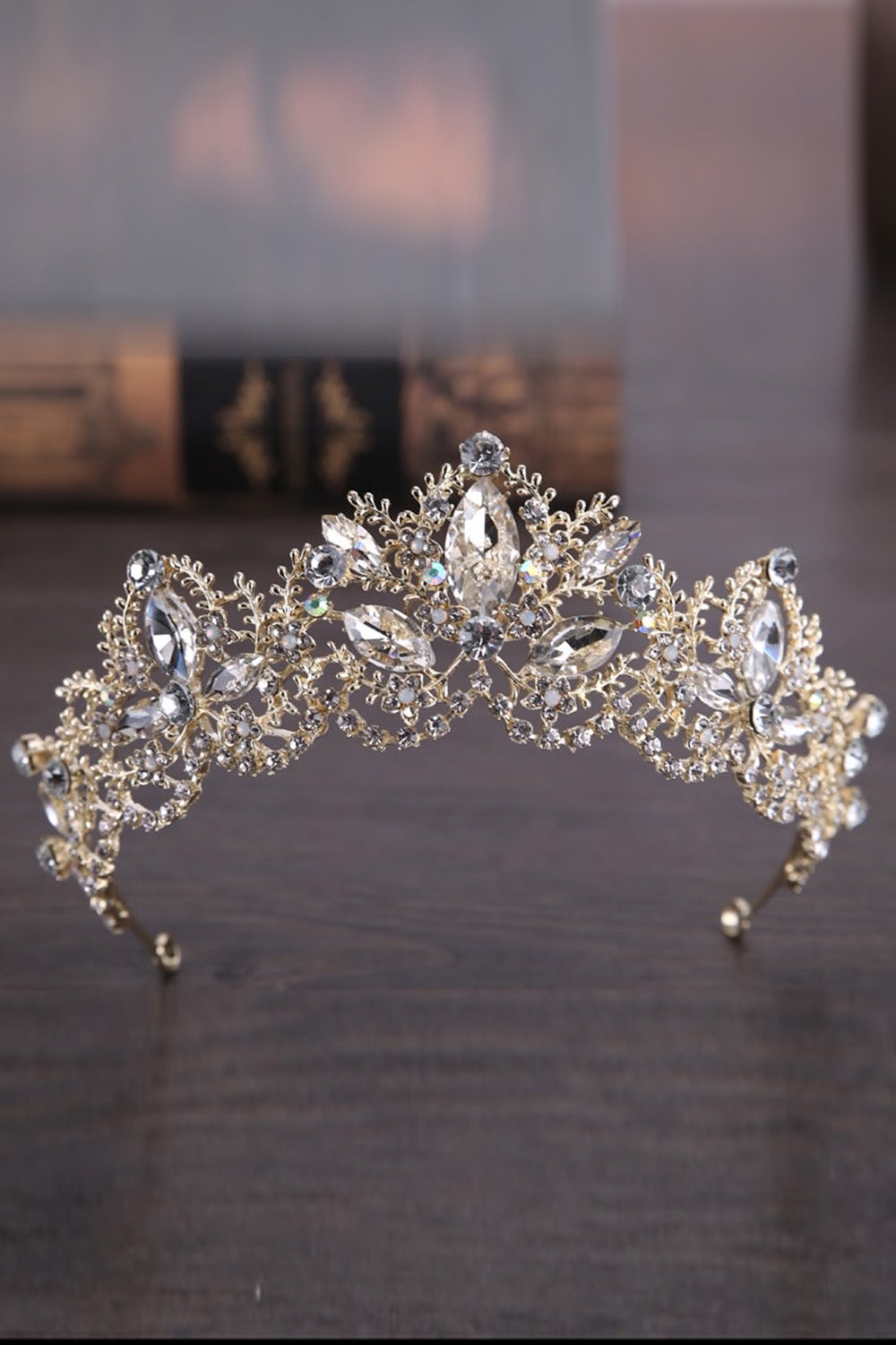 Pretty girl wearing Remi Rhinestones Gold Sparkly Metal Tiara-by Miele Moda Boutique