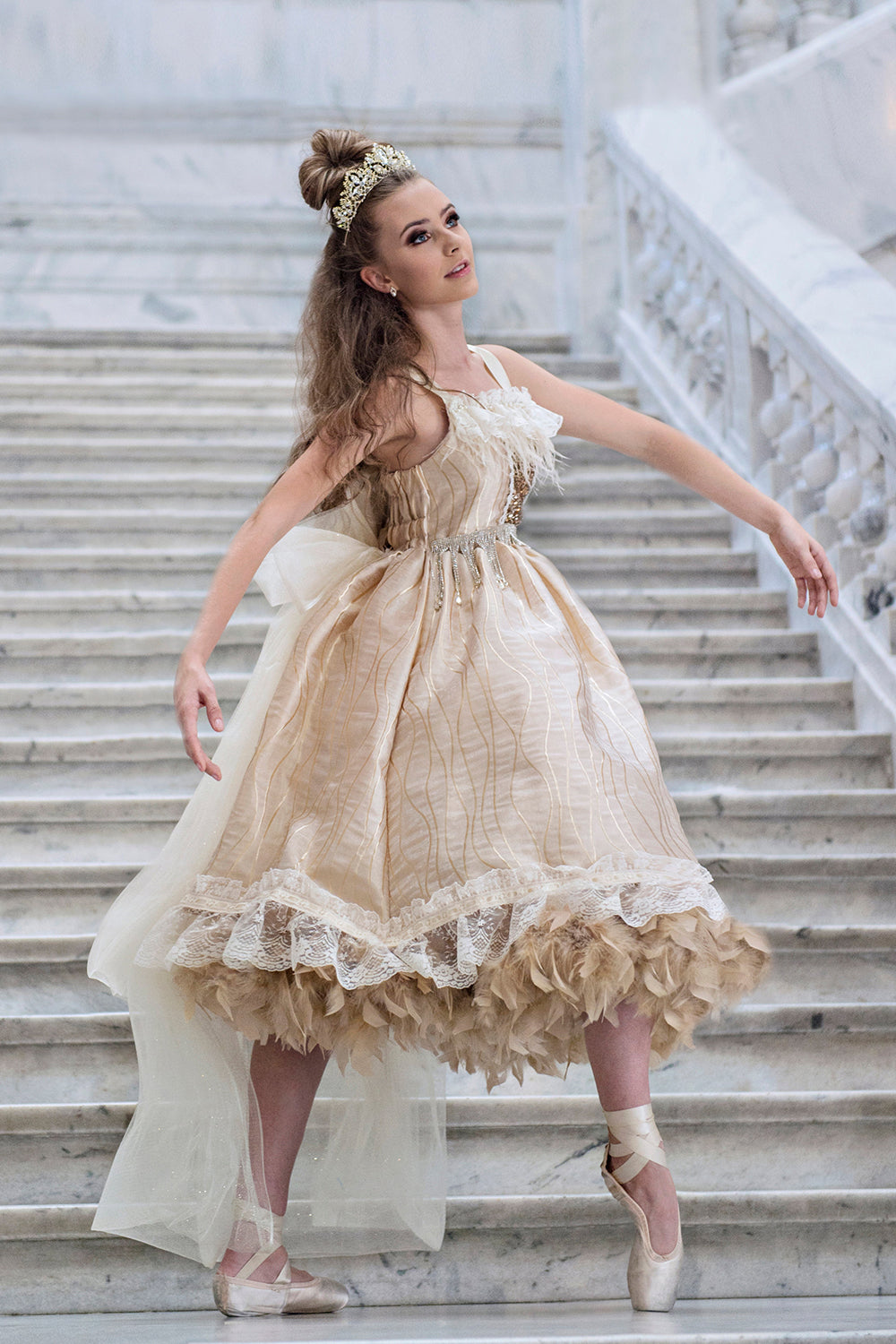 Pretty girl wearing Remi Rhinestones Gold Sparkly Metal Tiara-by Miele Moda Boutique