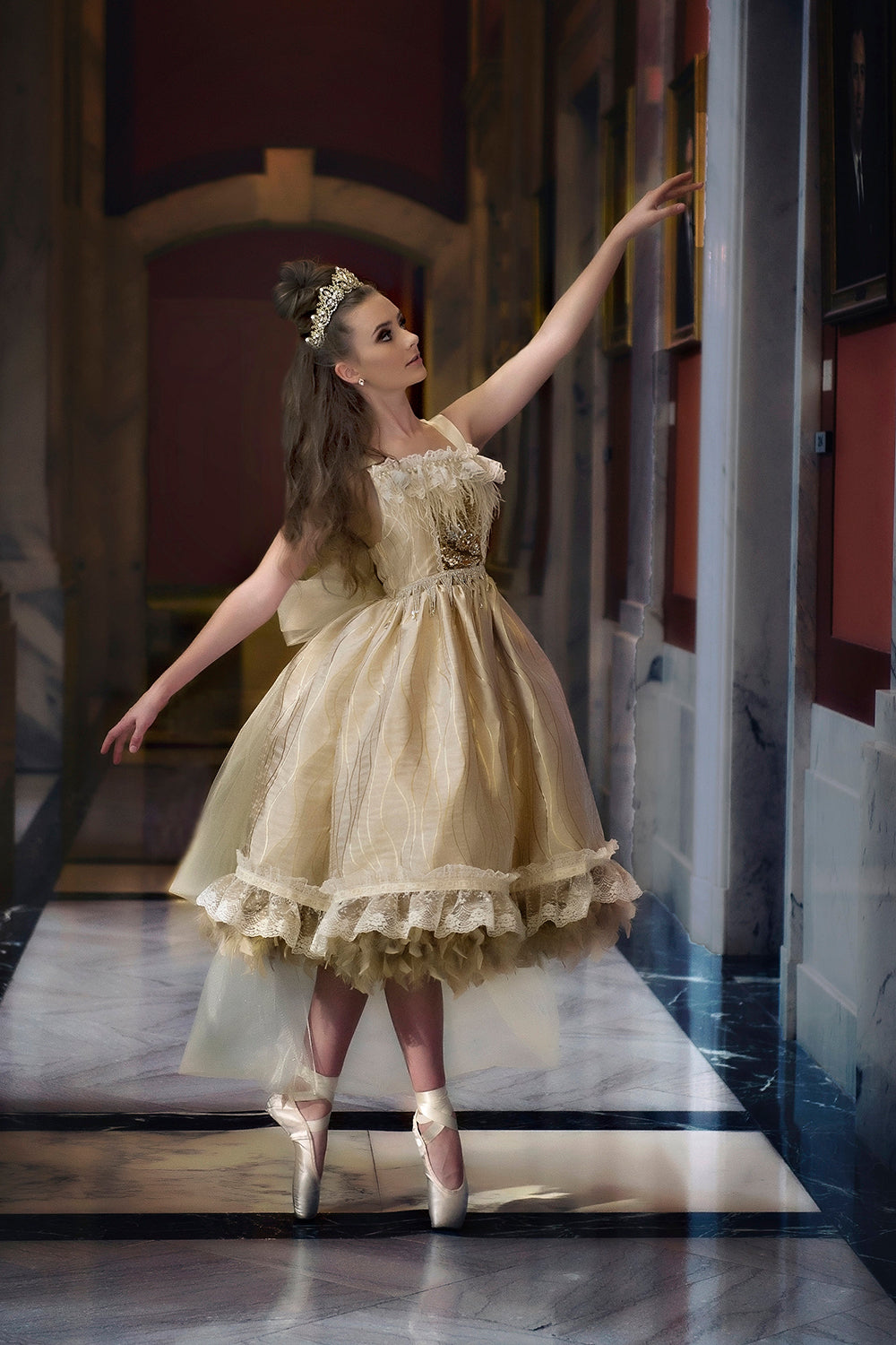 Pretty girl wearing Remi Rhinestones Gold Sparkly Metal Tiara-by Miele Moda Boutique