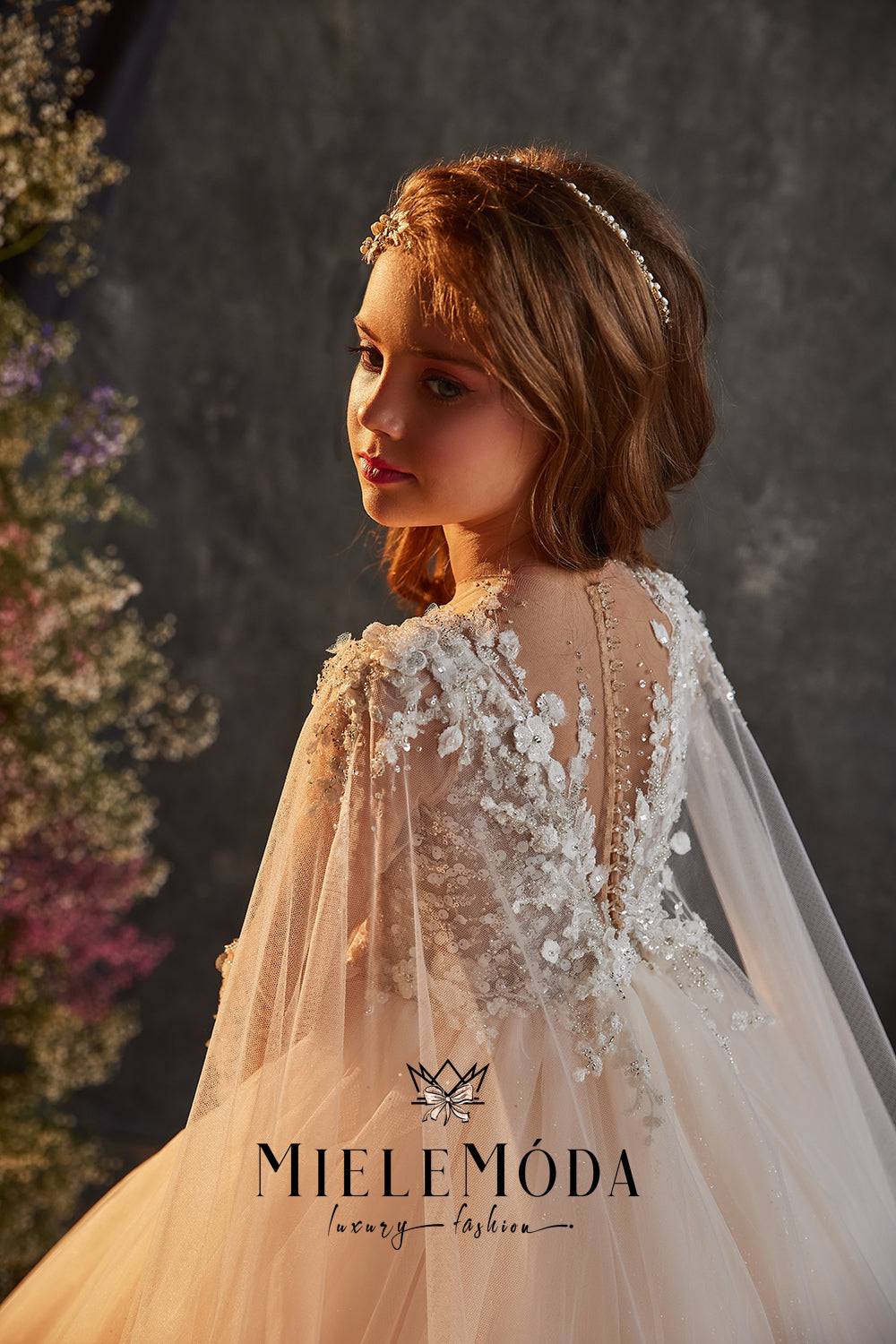 Renata Luxury Flower Girl Dress with Cape - Miele Moda Luxury Fashion House Custom / Champagne (As pictured) / Rush: ships in 4-6 Business Weeks (+$ Renata Luxury Flower Girl Dress with Cape - Miele Moda Luxury Fashion House Custom / Champagne (As pictured) / Rush: ships in 4-6 Business Weeks (+$