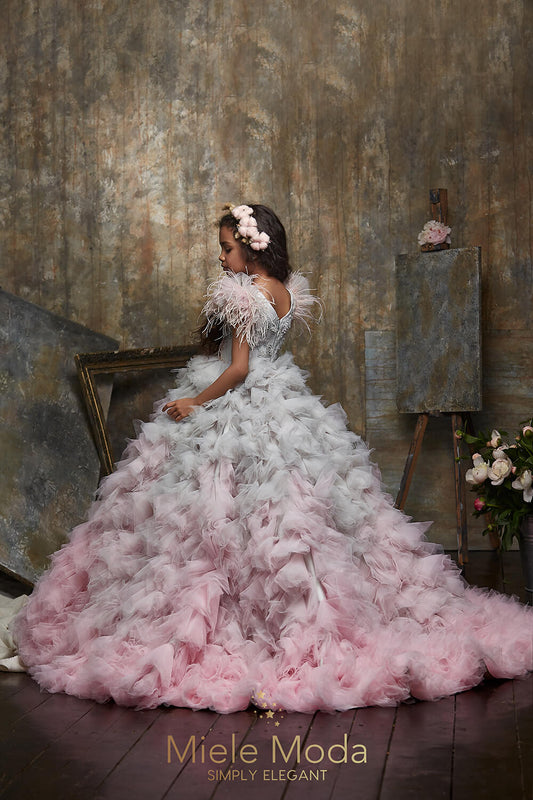 Pretty girl wearing Rosaline Flower Girl Couture Dress-by Miele Moda Boutique