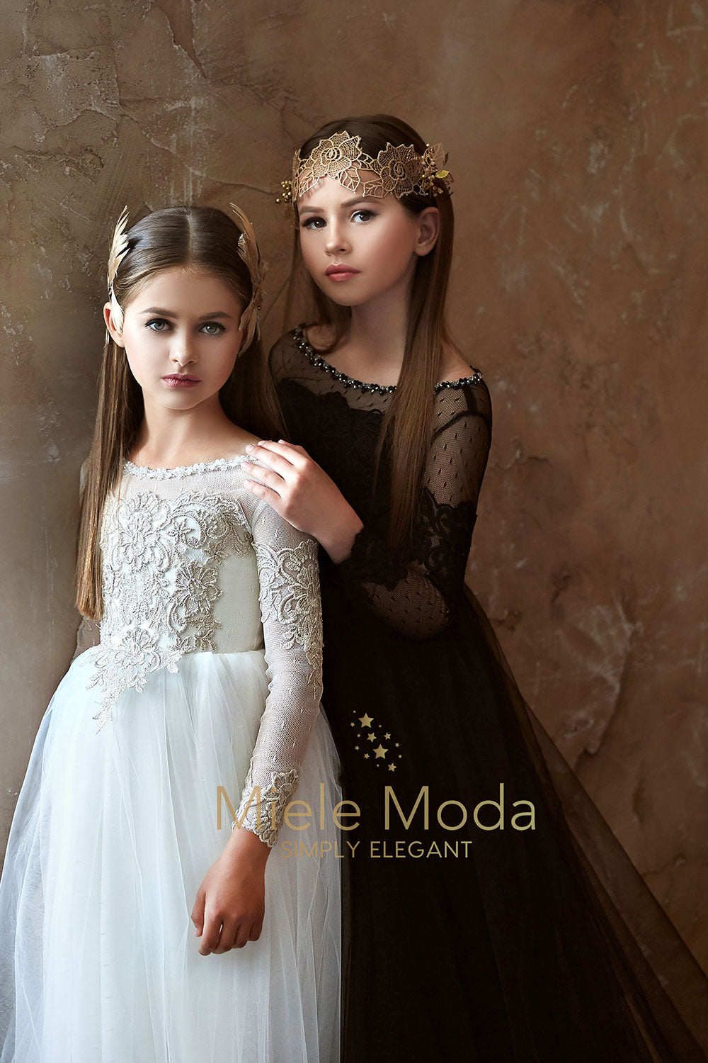 Pretty girl wearing Sienna Lace Flower Girl Dress-by Miele Moda Boutique