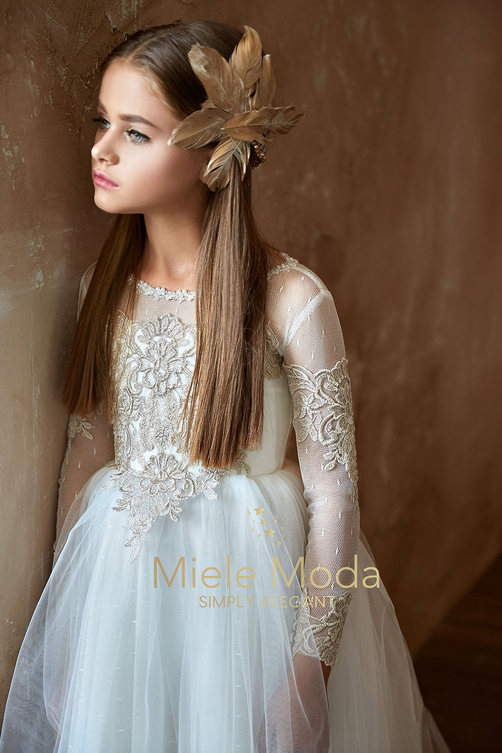 Pretty girl wearing Sienna Lace Flower Girl Dress-by Miele Moda Boutique