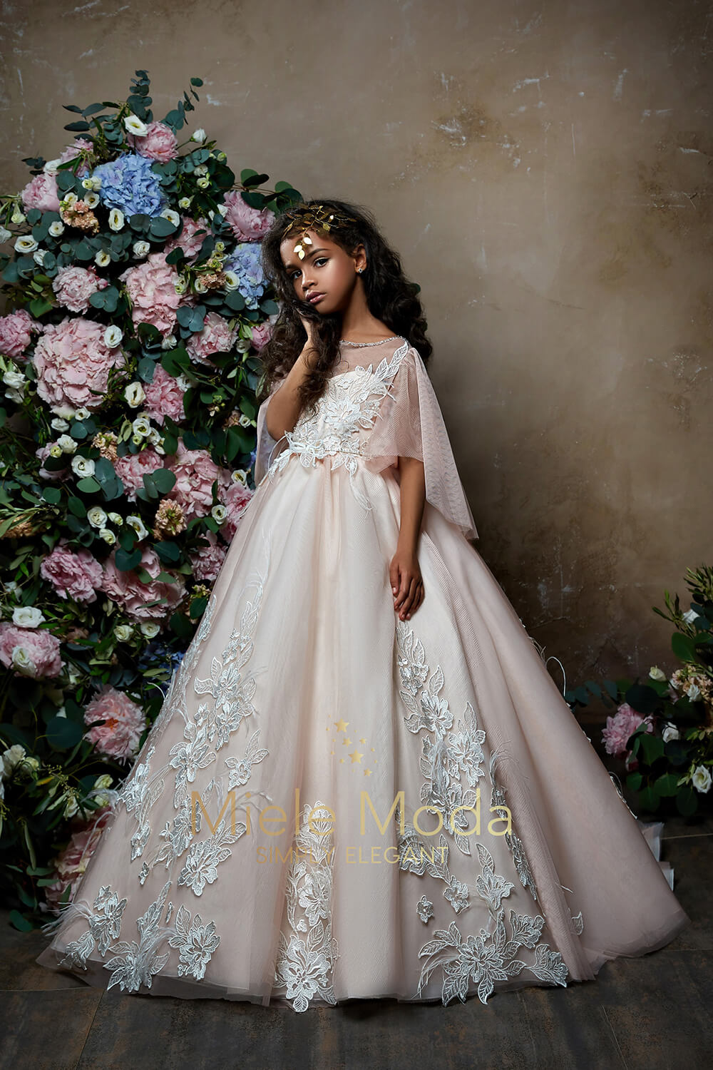 Pretty girl wearing Vivienne Flower Girl Couture Dress-by Miele Moda Boutique