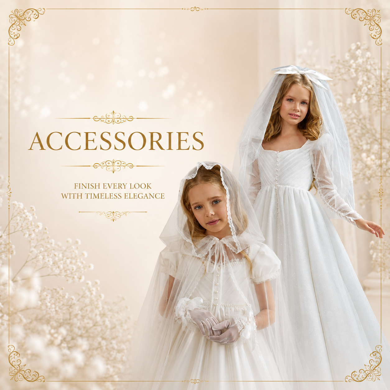 Gorgeous eastern European flower girls wearing beautiful white and ivory veils, gloves and first communion headpieces smiling