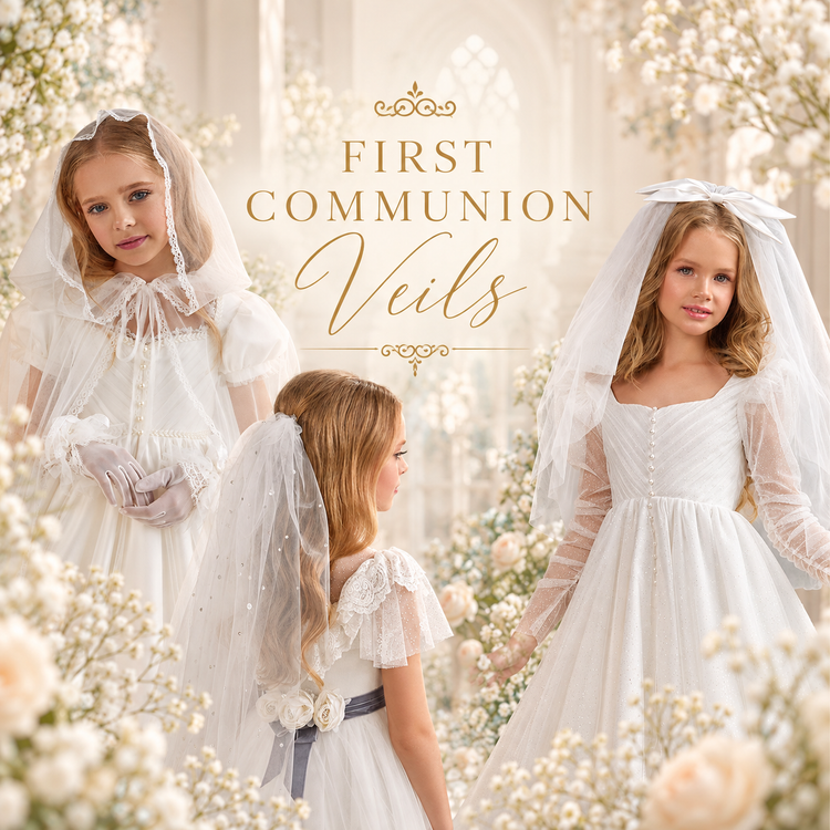 Luxury First Communion veils for girls featuring delicate lace, tulle and bow details from Miele Moda’s First Communion Veils Collection