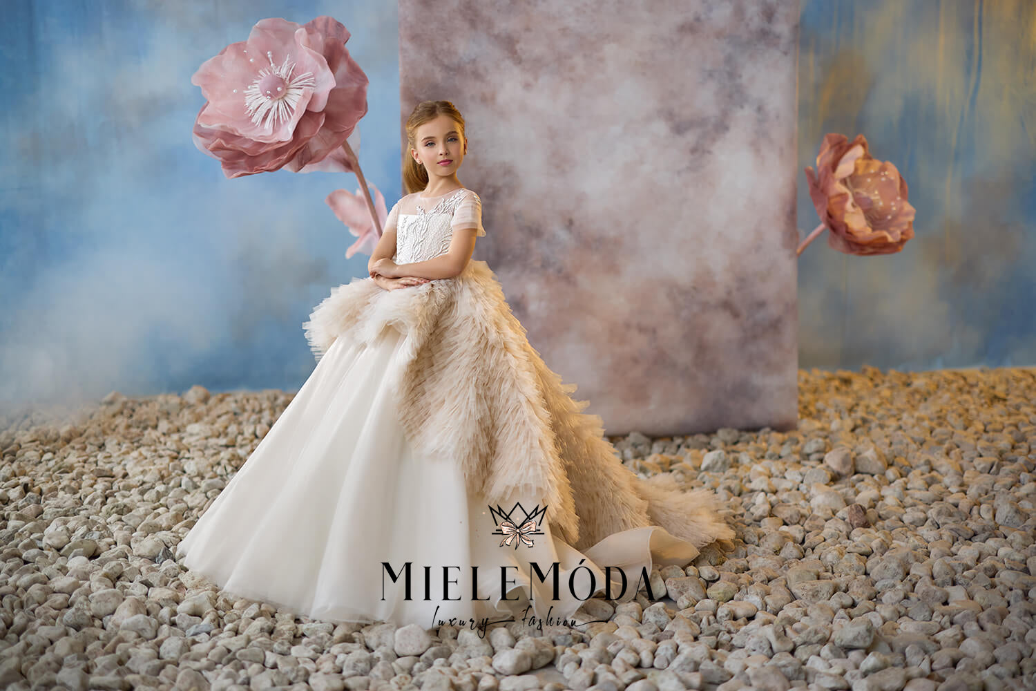 Celestial Dream Luxury Flower Girl Dress Miele Moda Luxury Fashion Custom Light Cappuchino As Pictured Standard Ships in 6 8 Business Weeks