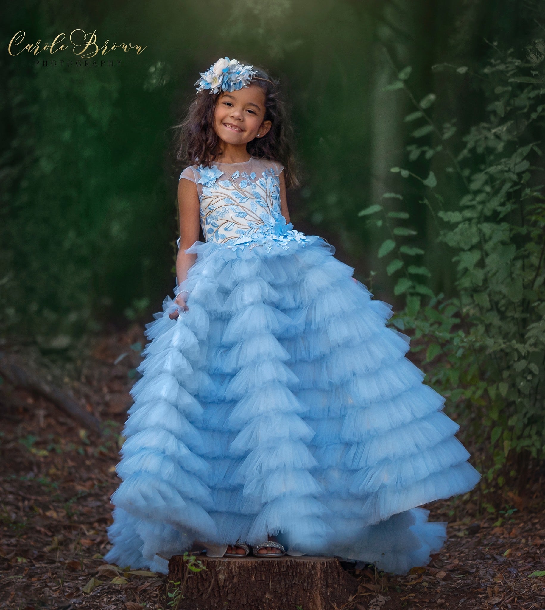 Pretty girl wearing Electra Flower Girl Lace Couture Dress-by Miele Moda Boutique