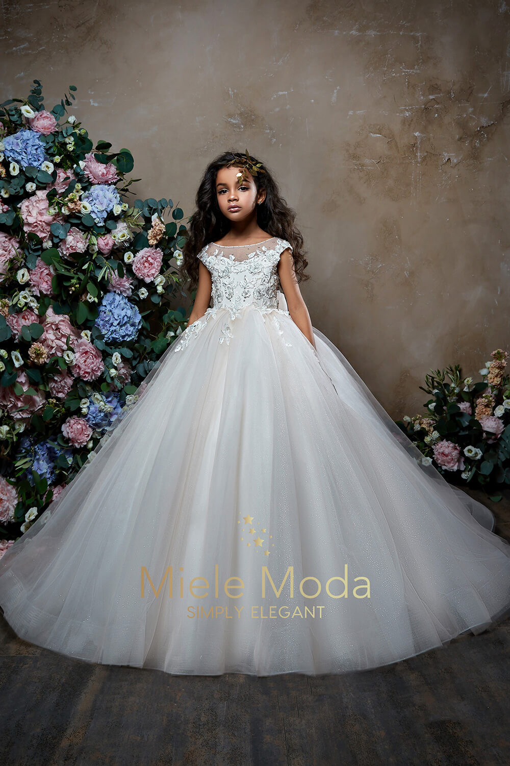 Pretty girl wearing Abigail Flower Girl Dress Pageant Dress-by Miele Moda Boutique