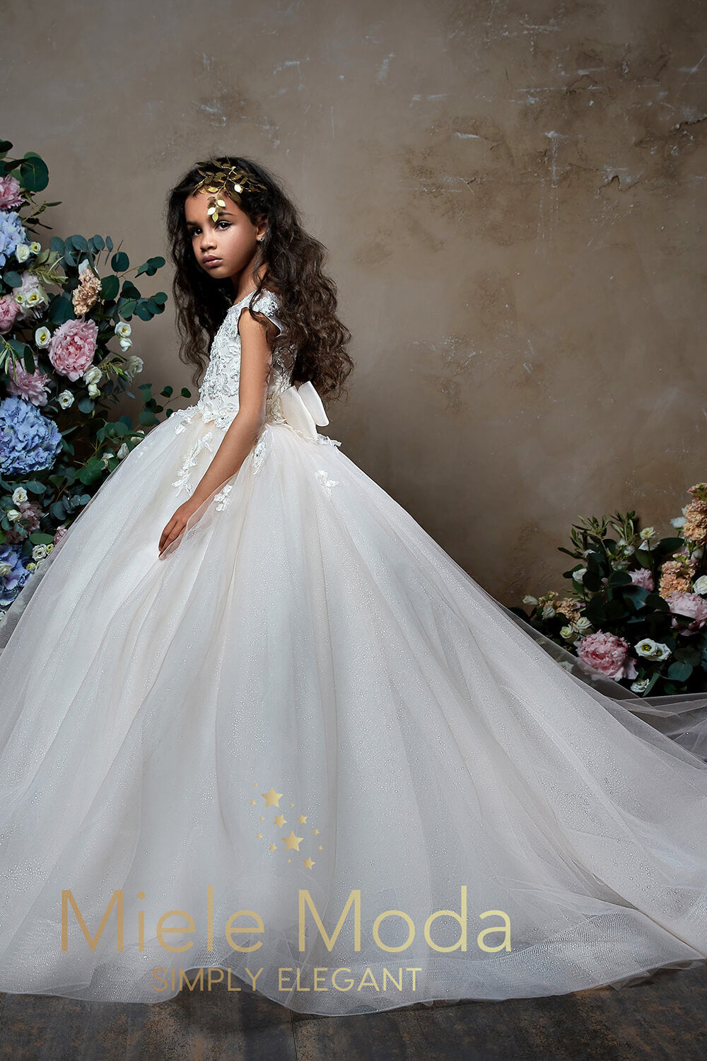 Pretty girl wearing Abigail Flower Girl Dress Pageant Dress-by Miele Moda Boutique