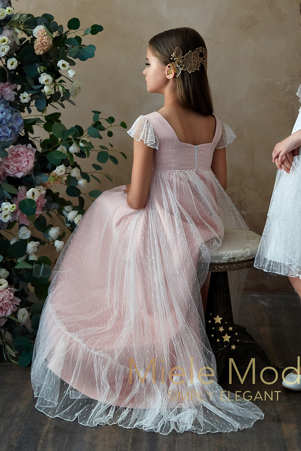 Pretty girl wearing Angel Kisses Flower Girl Dress-by Miele Moda Boutique