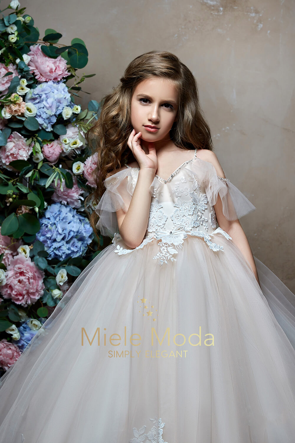 Pretty girl wearing Athena Flower Girl Dress Pageant Dress-by Miele Moda Boutique