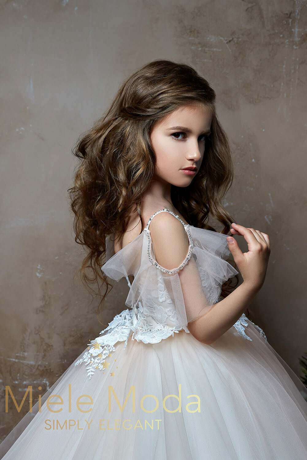Pretty girl wearing Athena Flower Girl Dress Pageant Dress-by Miele Moda Boutique