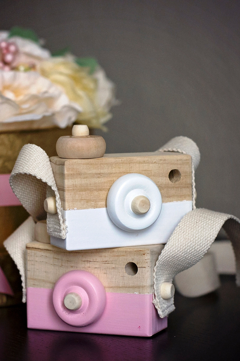 Pretty girl wearing Wooden Toy Camera For Toddlers Photo Prop-by Miele Moda Boutique