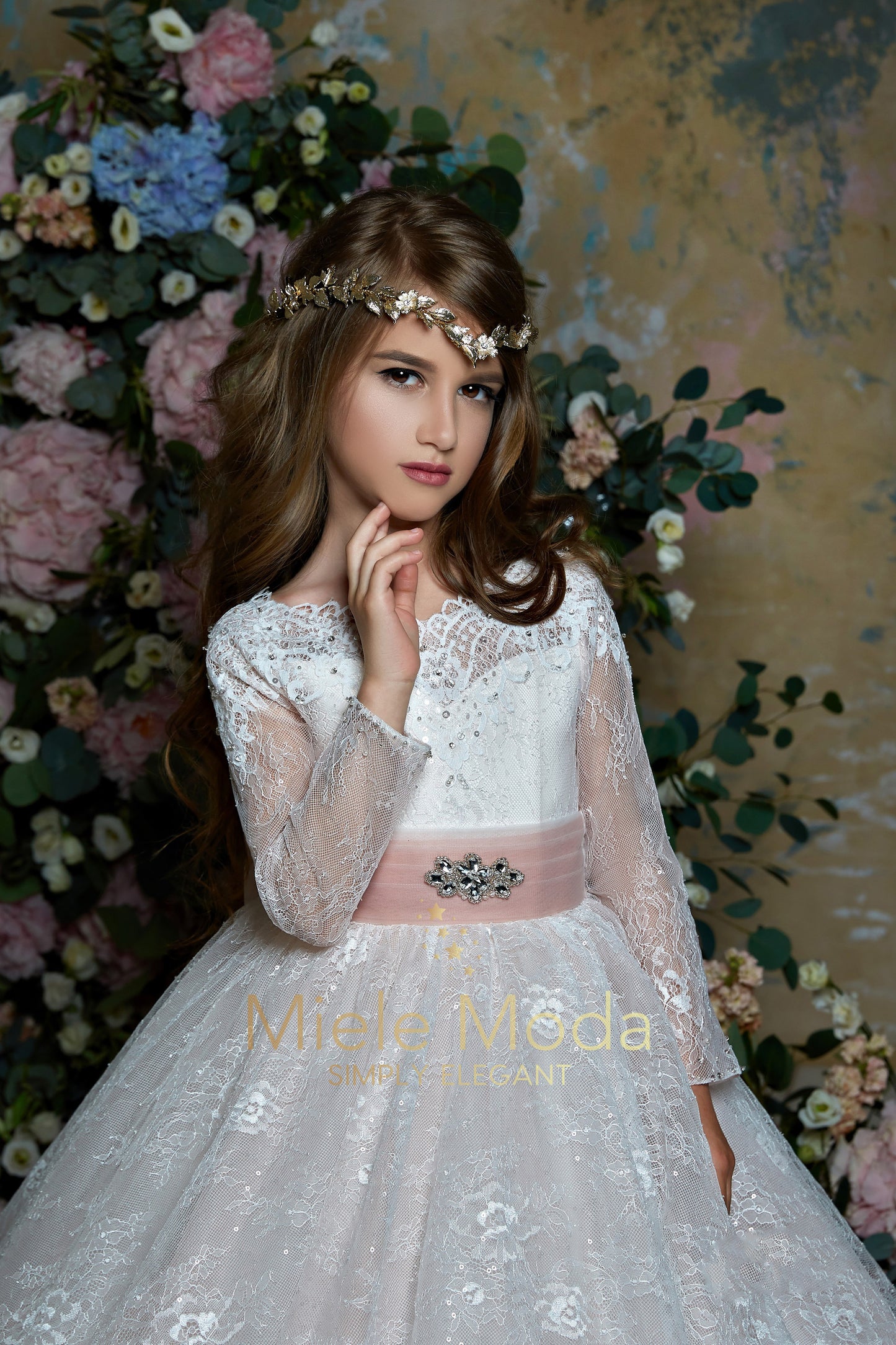 Pretty girl wearing Camila Flower Girl Dress Pageant Dress-by Miele Moda Boutique