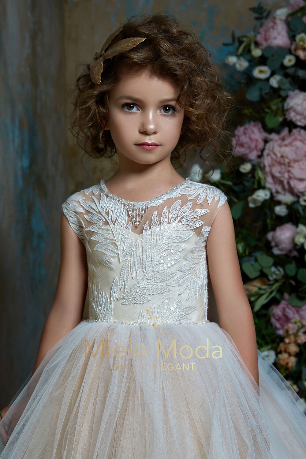 Pretty girl wearing Capri Flower Girl Couture Dress with Cape-by Miele Moda Boutique