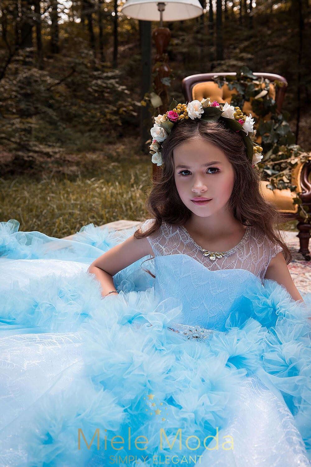 Pretty girl wearing Daphne Lace Couture Flower Girl Dress-by Miele Moda Boutique