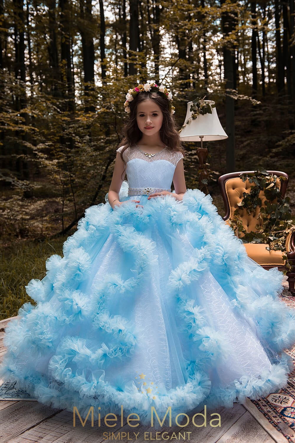 Pretty girl wearing Daphne Lace Couture Flower Girl Dress-by Miele Moda Boutique
