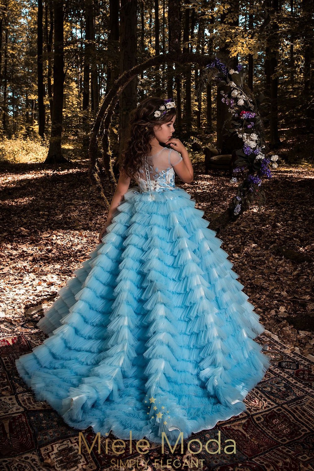 Pretty girl wearing Electra Flower Girl Lace Couture Dress-by Miele Moda Boutique