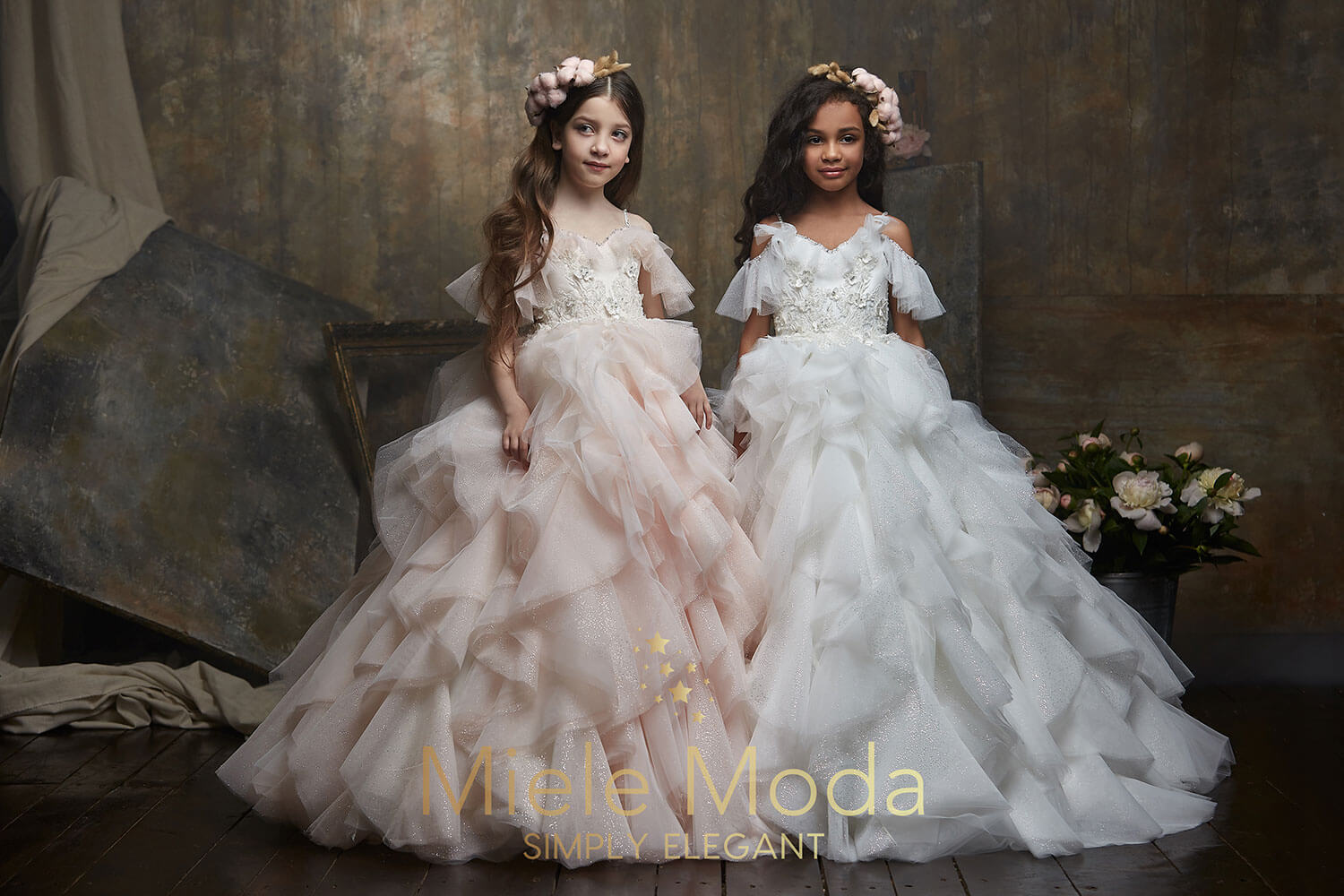Pretty girl wearing Grace Flower Girl Couture Dress-by Miele Moda Boutique