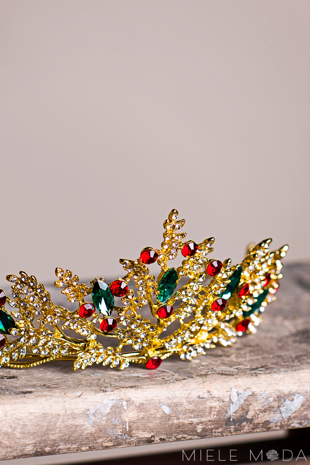 Pretty girl wearing Lola Christmas Red Green Holiday Gilded Tiara-by Miele Moda Boutique