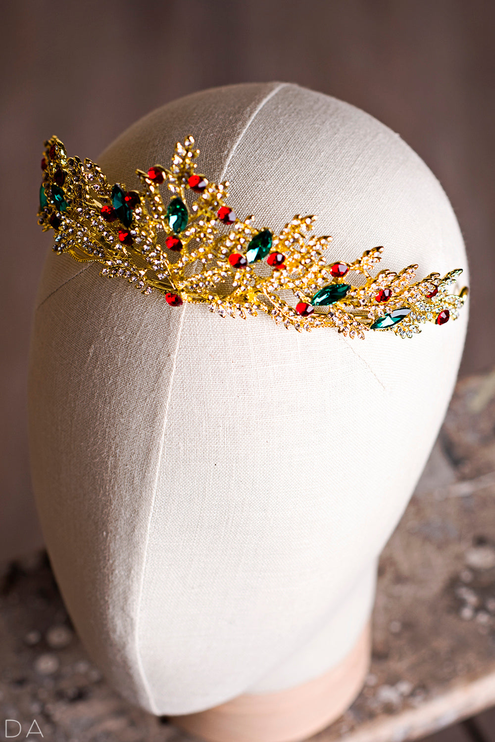 Pretty girl wearing Lola Christmas Red Green Holiday Gilded Tiara-by Miele Moda Boutique