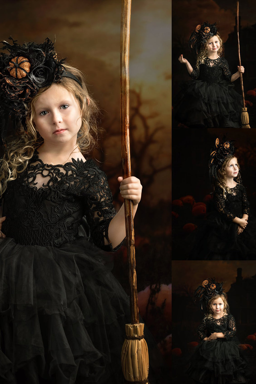 halloween beautiful little witch dressed in black lace dress holding a scoop 