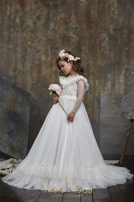 Pretty girl wearing Melania Flower Girl Dress Wedding Lace Dress-by Miele Moda Boutique